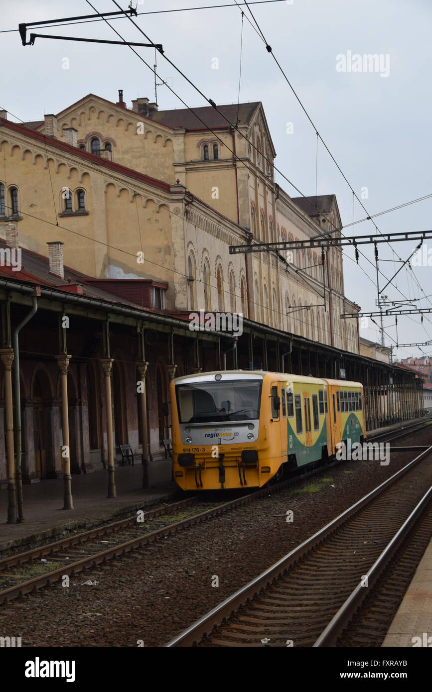 Teplice train (railway) station.  Station building and tracks. Railbus train at a platform awaiting departure. April 14, 2016 Stock Photo