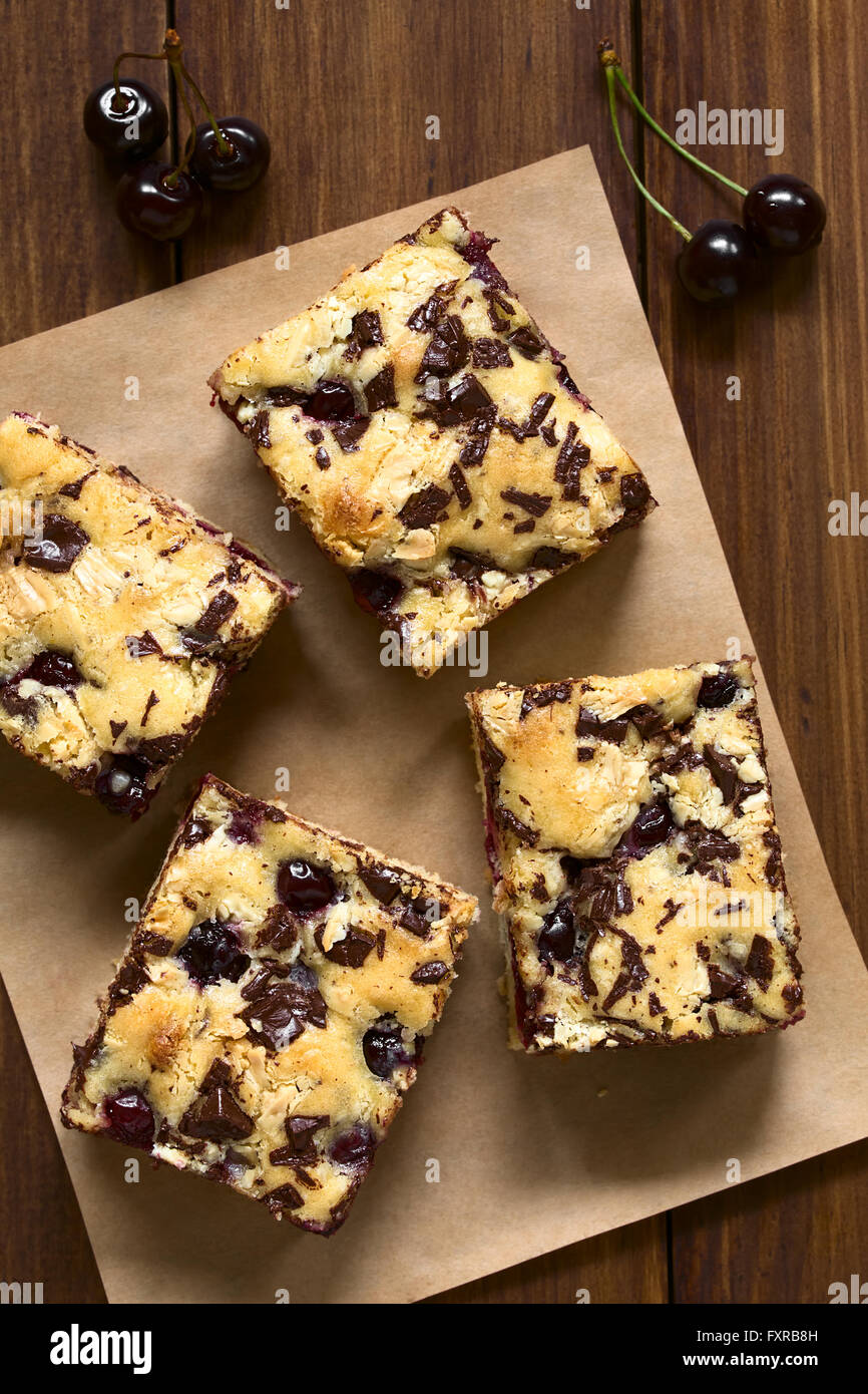 Cherry blondie or blond brownie cake baked with white and dark