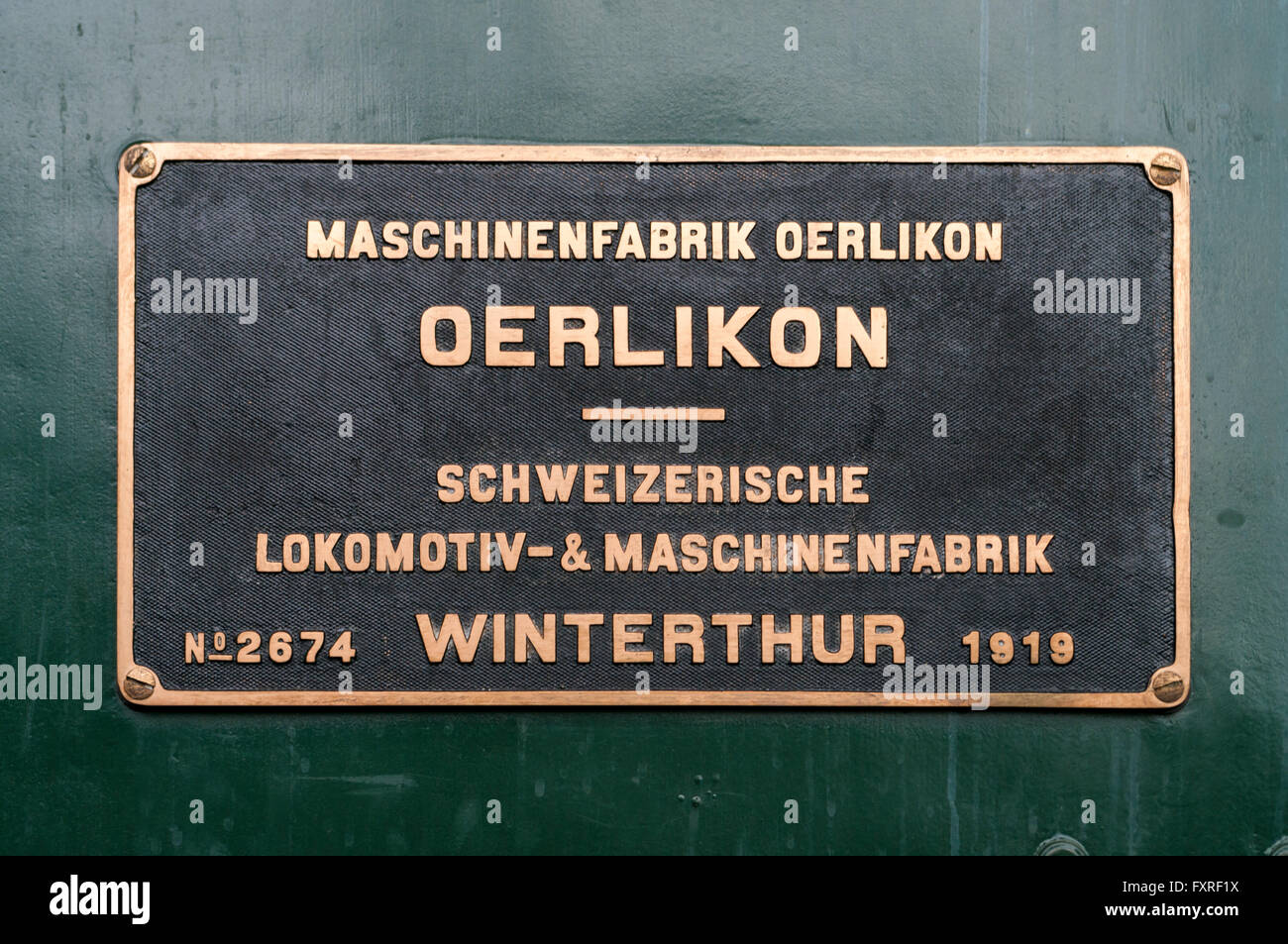 Locomotive manufacturer sign listing Maschinenfabrik Oerlikon and Schweizerische Lokomotiv- und Maschinenfabrik. Stock Photo