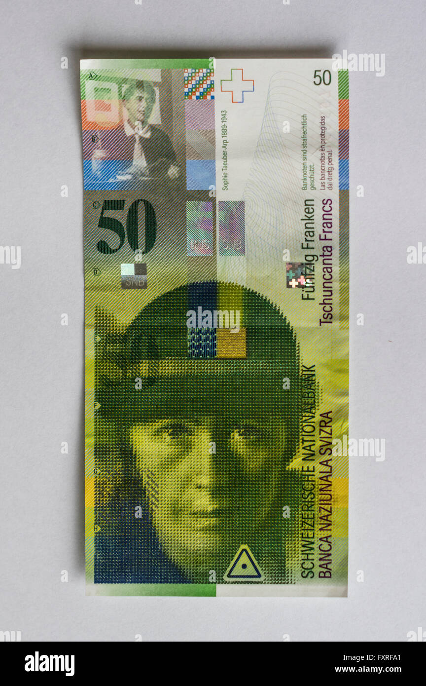 50 Swiss Francs banknote, first issued 1995, featuring a portrait of Sophie Taeuber-Arp. Stock Photo