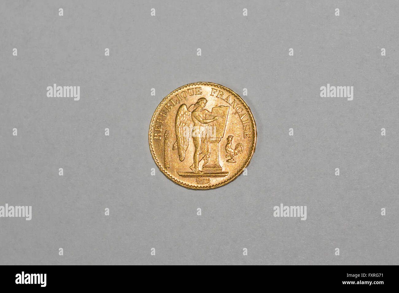 19th century French 20 Francs gold coin, minted in 1897. Obverse side