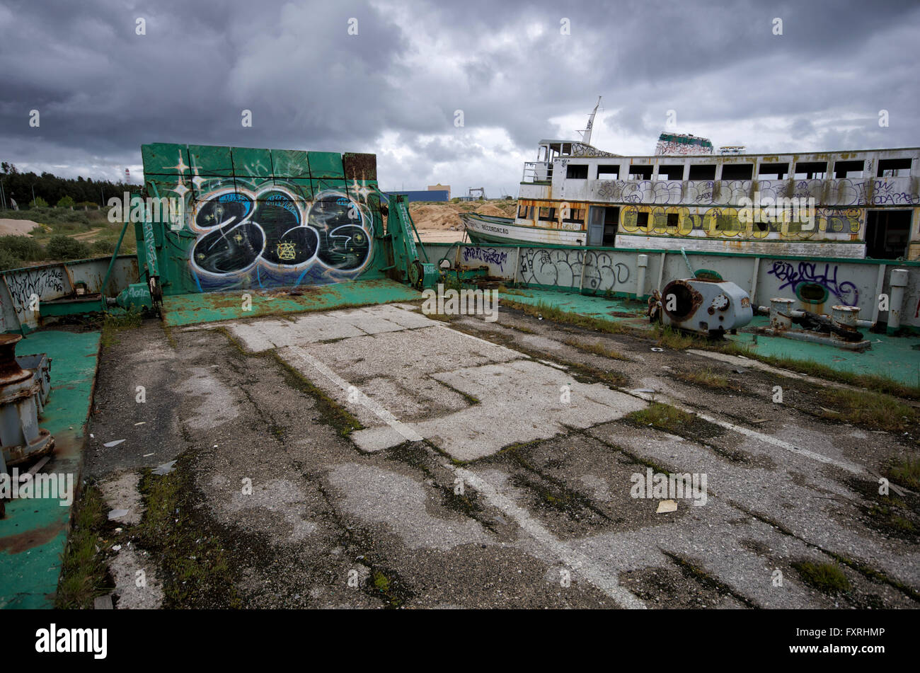 Decaying ferry boat at Setubal Stock Photo