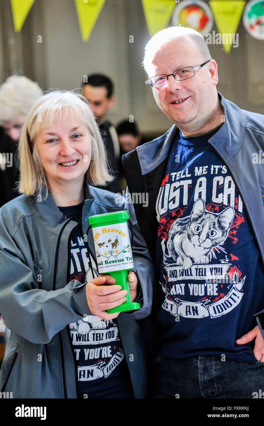 Heather and Stephen from "Seventh Heaven Animal Sanctuary" in Northern Ireland collect donations towards animal welfare.  Based in Mallusk, County Antrim, they provide food, shelter and help rehoming dogs, cats, rabbits and other animals. Stock Photo