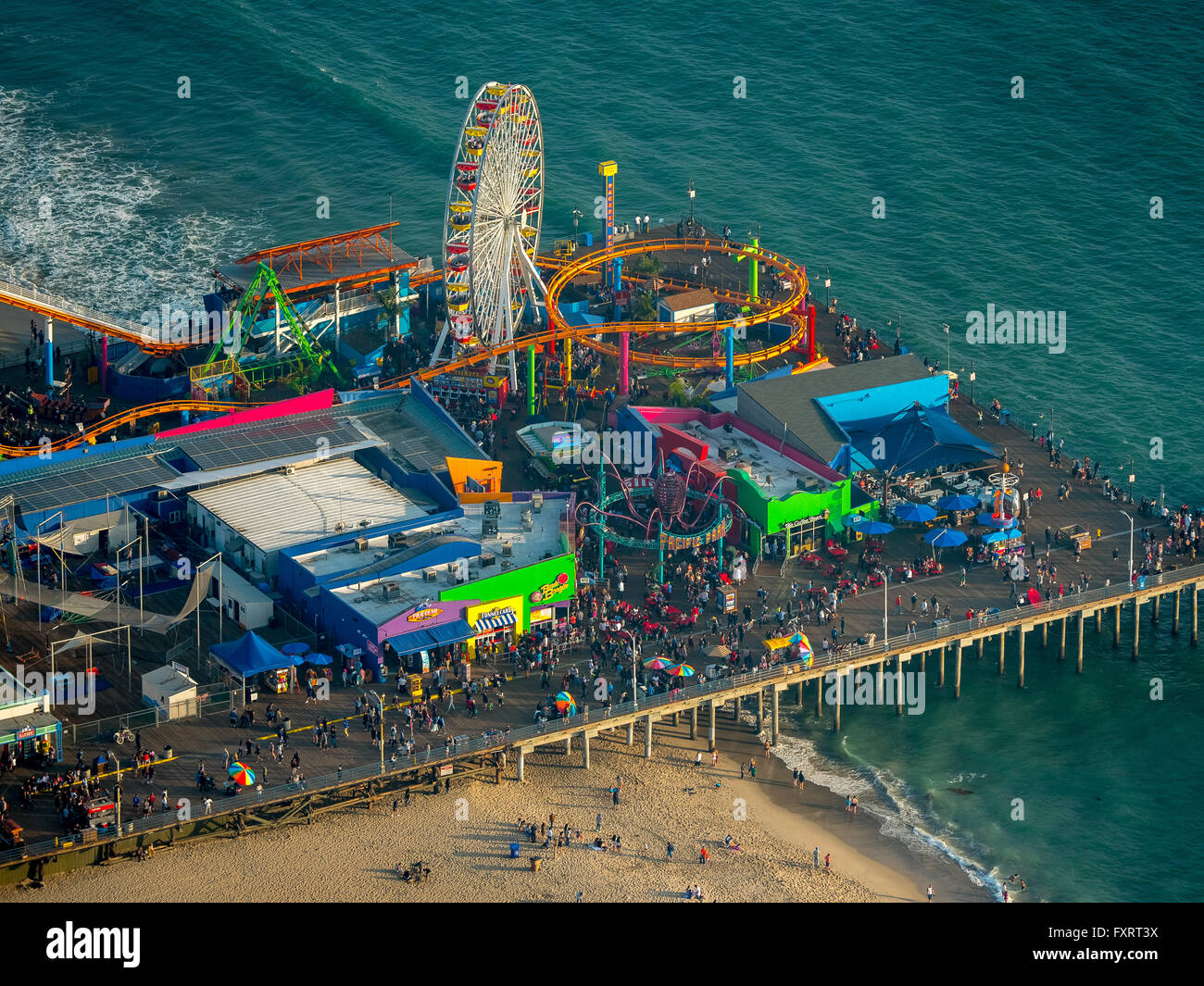 Aerial view, Pacific Ocean, Santa Monica Pier, Rollercoaster, Ferris Wheel, Marina del Rey, Los