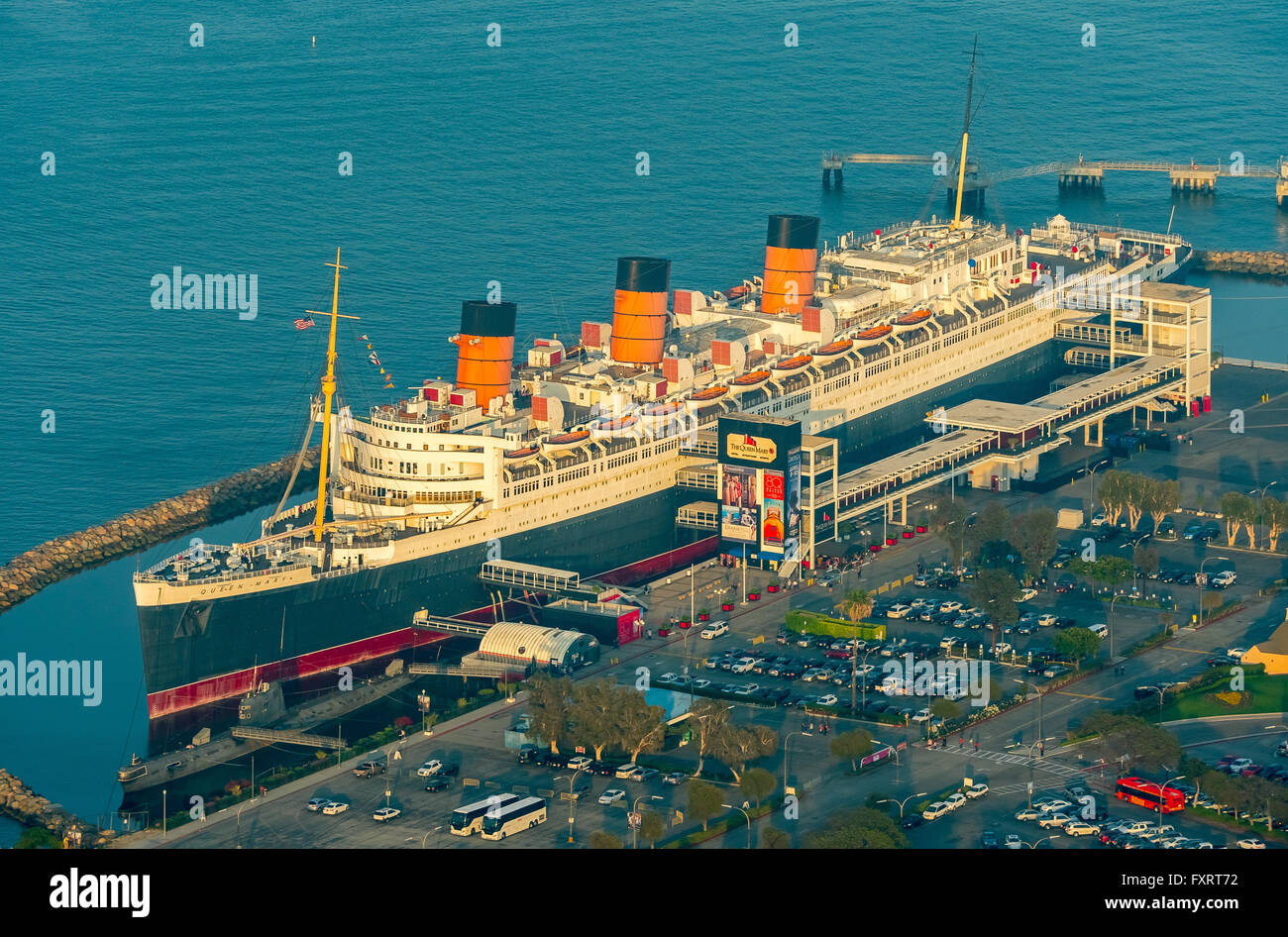 Aerial view, RMS Queen Mary, Ocean Liner, Queen Mary Hotel in Long