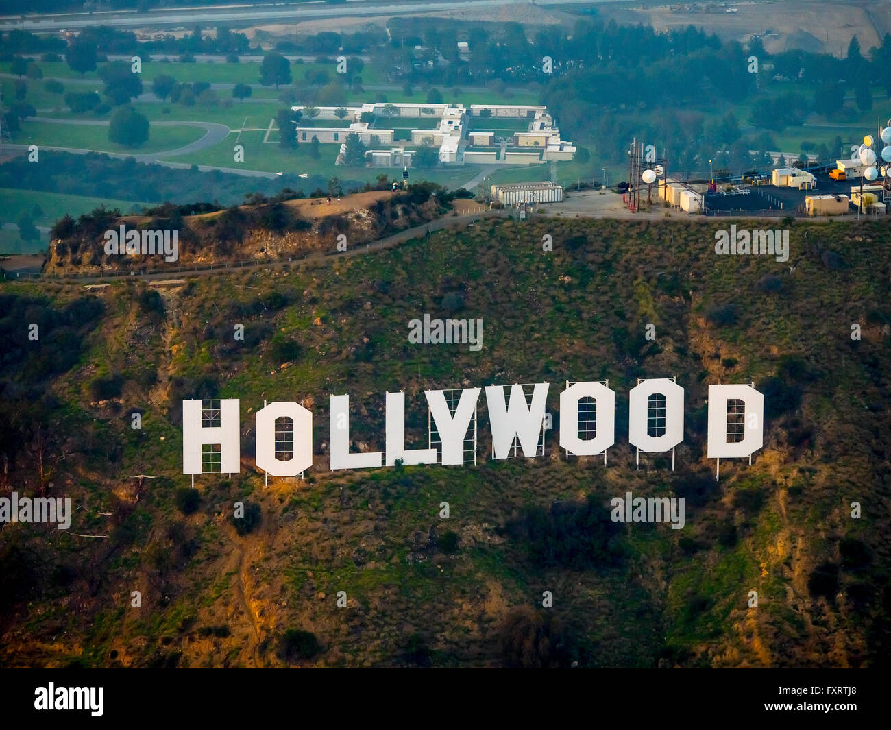 Aerial view, Hollywood Sign, Hollywood sign on Mount Lee Drive, Hollywood Hills, Los Angeles, Los Angeles County, California, US Stock Photo