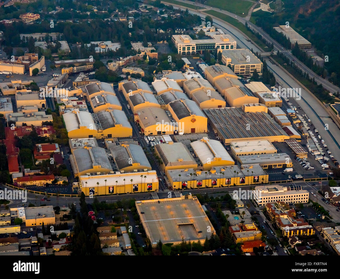 Aerial view, Warner Bros. Studios, Studio City, San Fernando Valley, Los Angeles, Los Angeles County, California, USA, Stock Photo