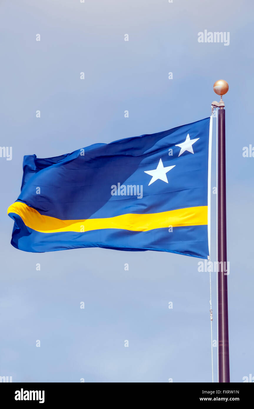 Curacao National Flag with blue symbolizing the Caribbean sea and 2 stars for Curacao and Klein Curacao Stock Photo