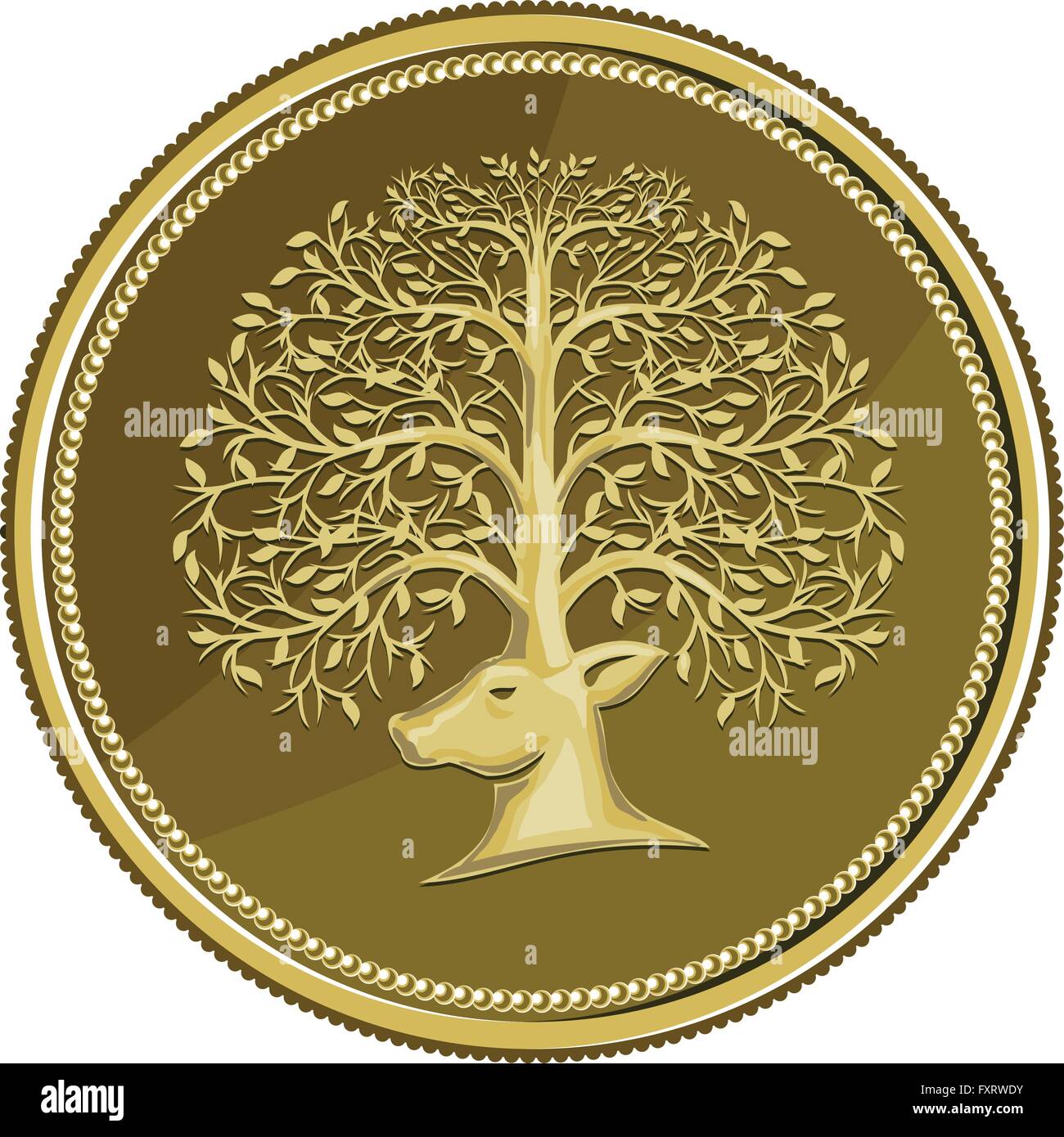 Illustration of a deer head viewed from the side with antler made of trees branches and leaves set inside gold coin medallion done in retro style. Stock Vector