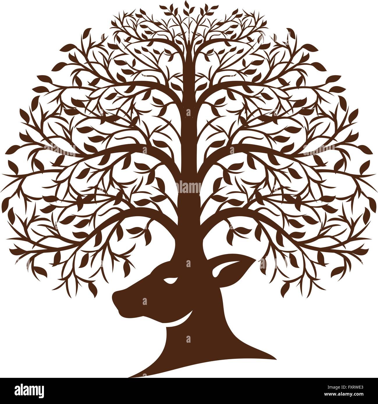 Illustration of a deer head viewed from the side with antler made of trees branches and leaves set on isolated white background Stock Vector