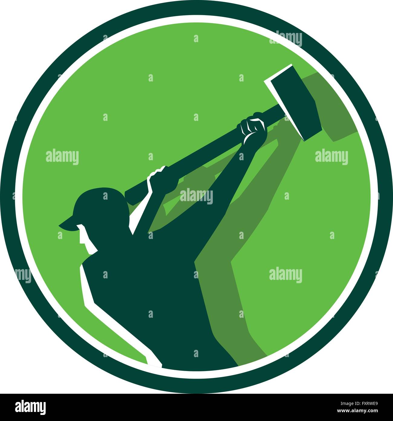 Illustration of a demolition worker wearing hat swinging sledgehammer viewed from rear set inside circle done in retro style. Stock Vector