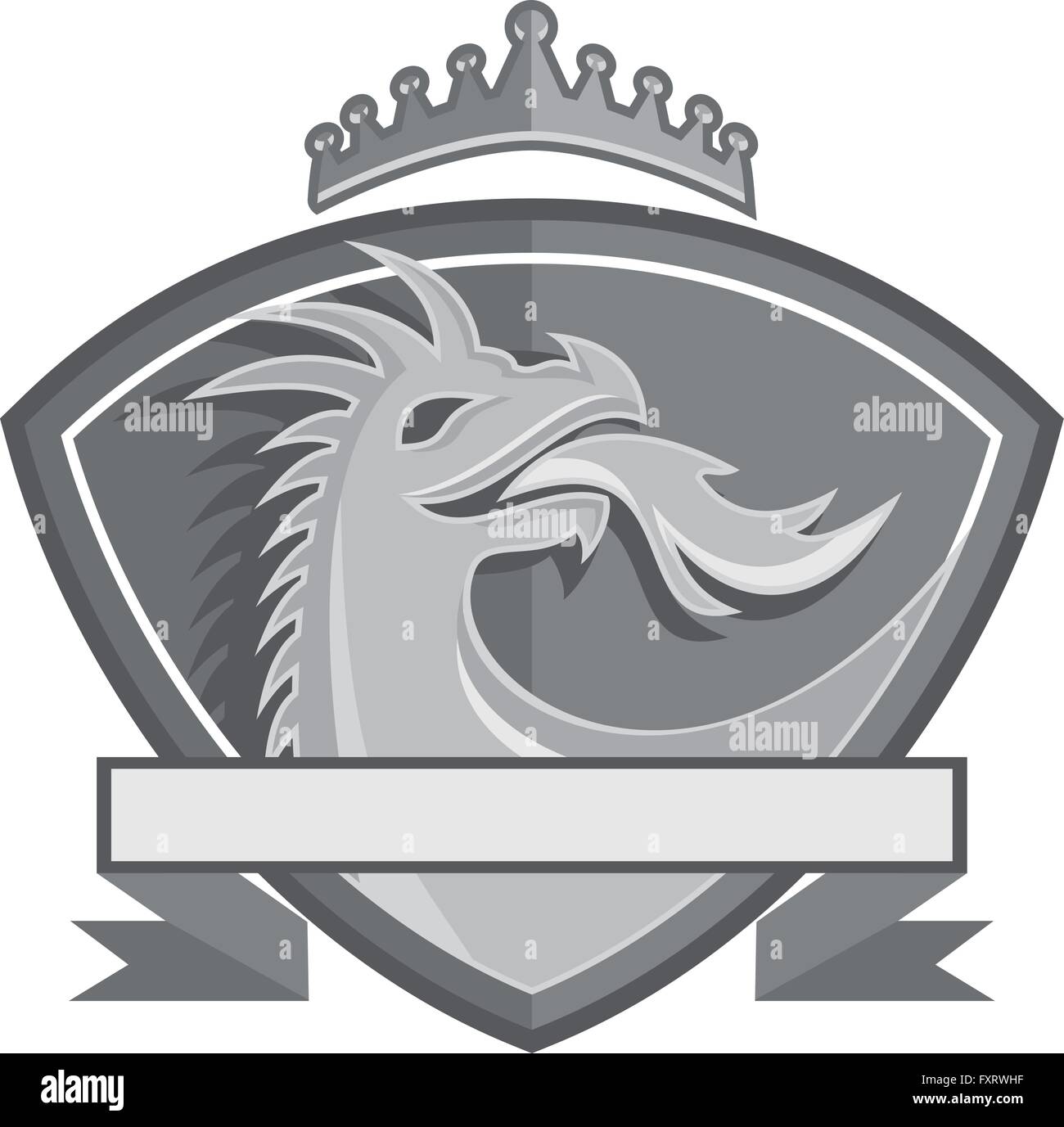 Illustration of a dragon head breathing fire viewed from the side set inside shield crest with crown done in retro metallic style. Stock Vector