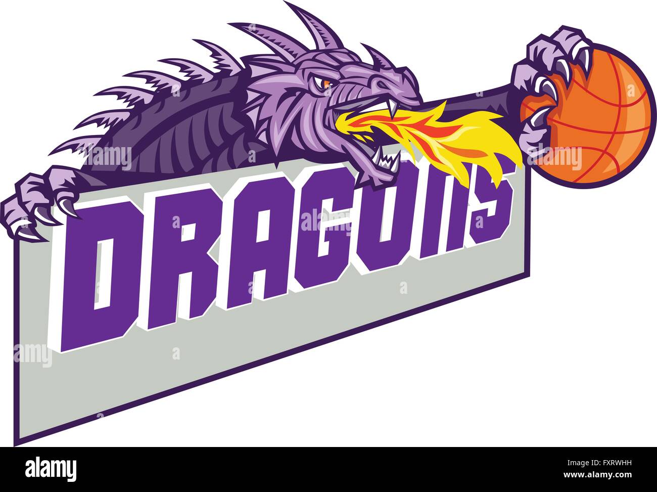 Illustration of a purple dragon head breathing fire clutching basketball ball and banner with the word Dragons' set on isolated white background done in retro style.' Stock Vector