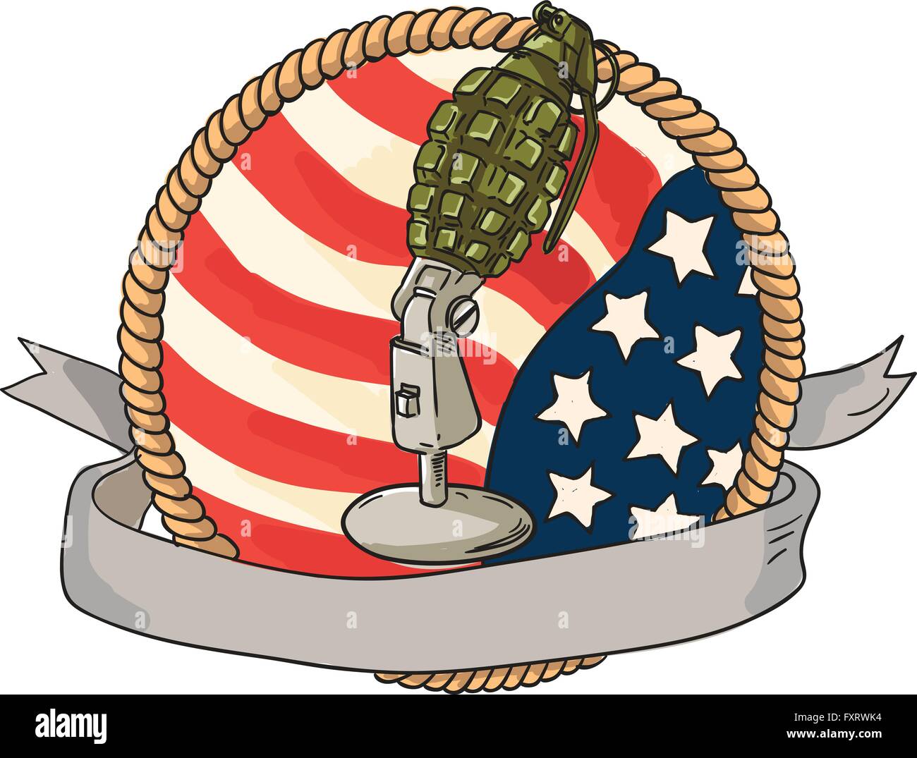 Illustration of a world war two grenade mounted on a vintage microphone stand with USA stars and stripes flag in the background Stock Vector