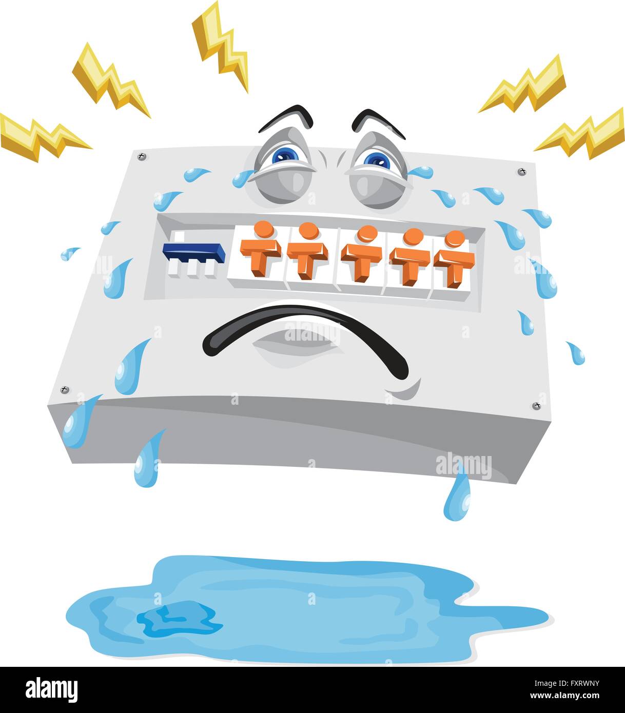 Illustration of an industrial switchboard crying with tears falling and lightning bolts with pool of water on ground viewed from front set on isolated white background done in cartoon style. Stock Vector