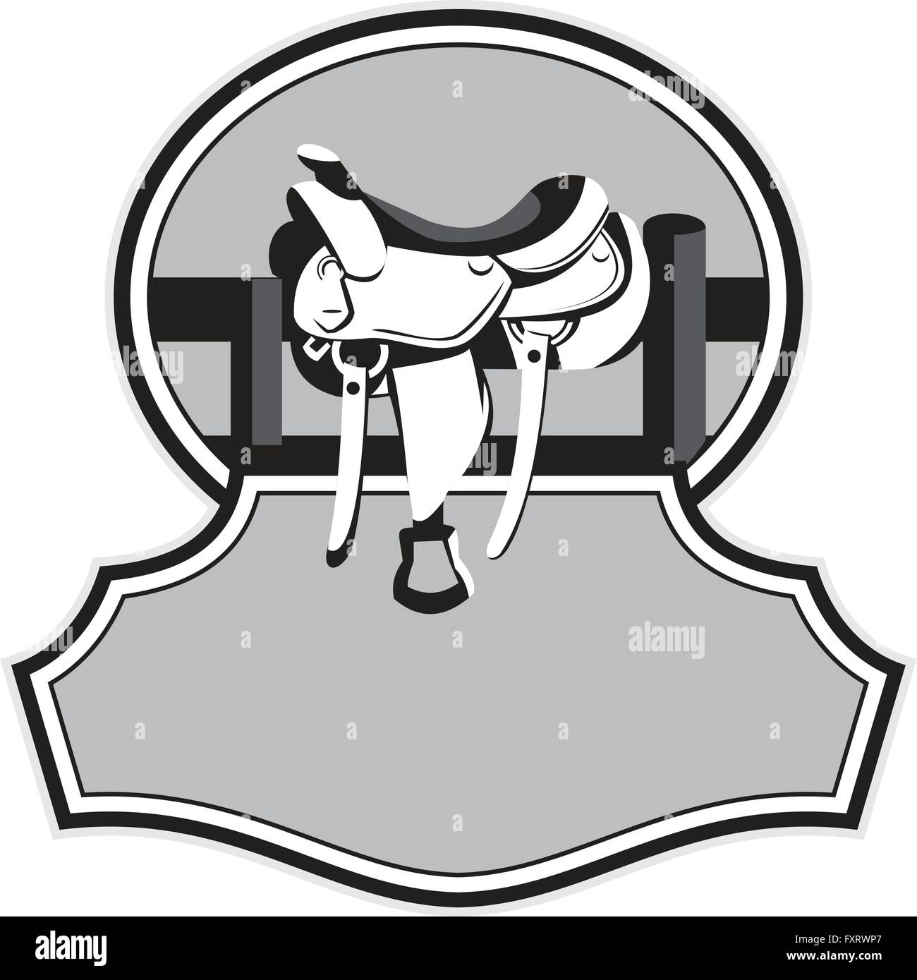 Illustration of a modern western saddle on ranch fence set inside oval shape with banner in front in black and white done in retro style. Stock Vector