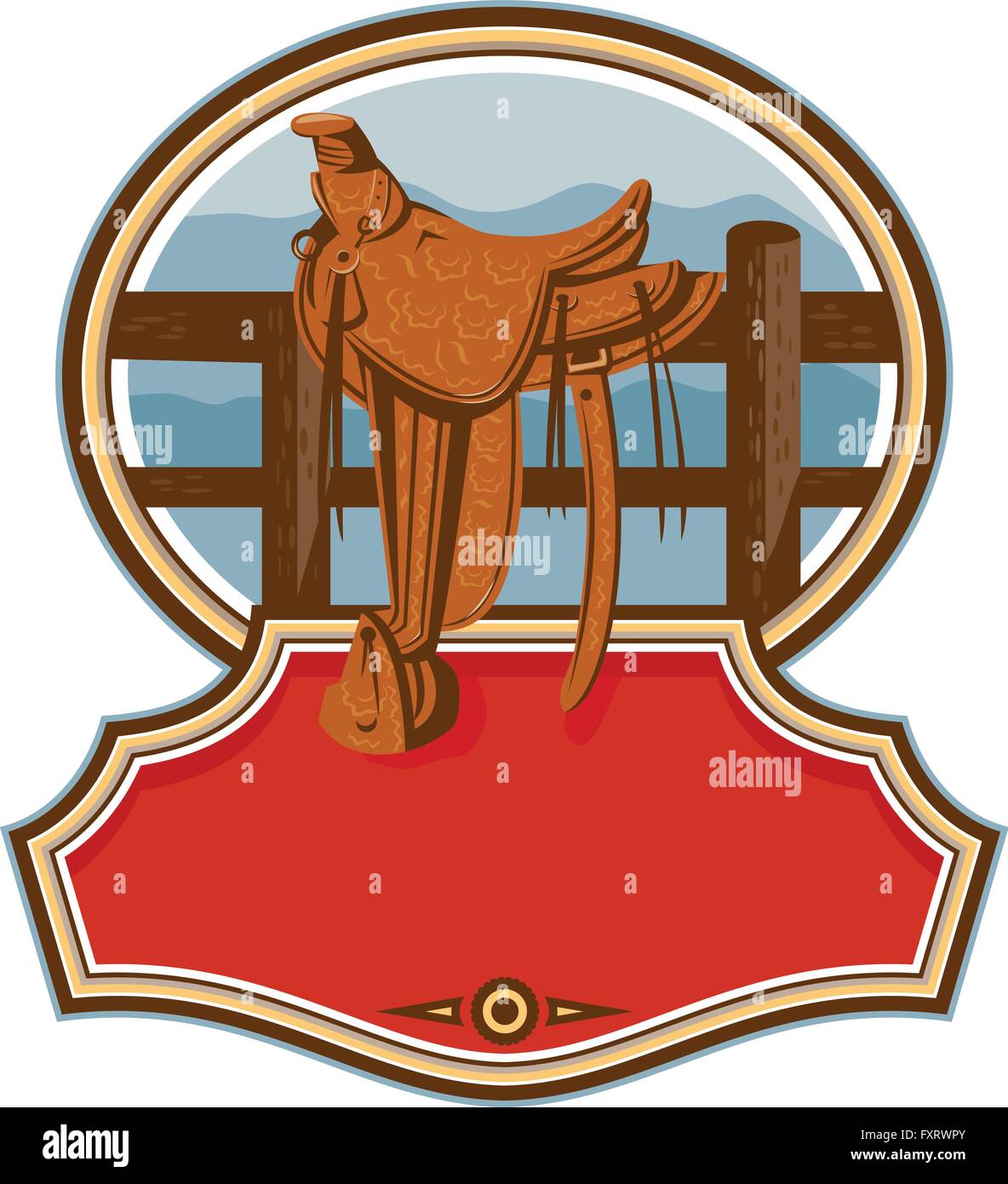Illustration of an old style western saddle with decoration sitting on ranch fence set inside oval shape with banner in front done in retro style. Stock Vector