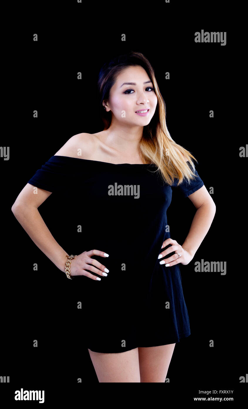 Asian American Woman Standing Little Black Dress Stock Photo