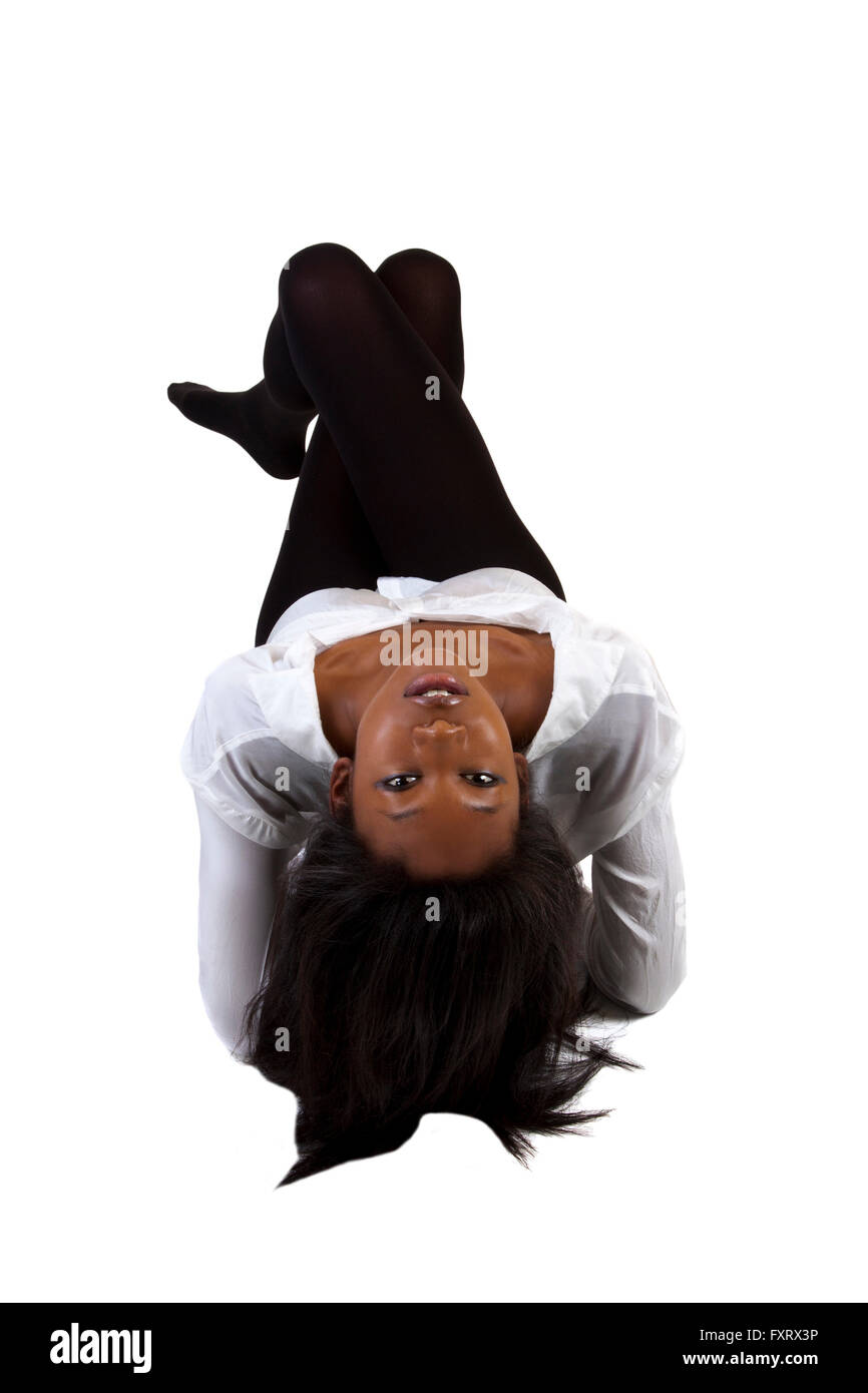 Black Woman Head Tilted Back Reclining Stockings Stock Photo