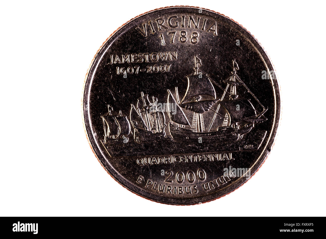 Virginia State Quarter Tail Side Jamestown Quadricentinnial Stock Photo