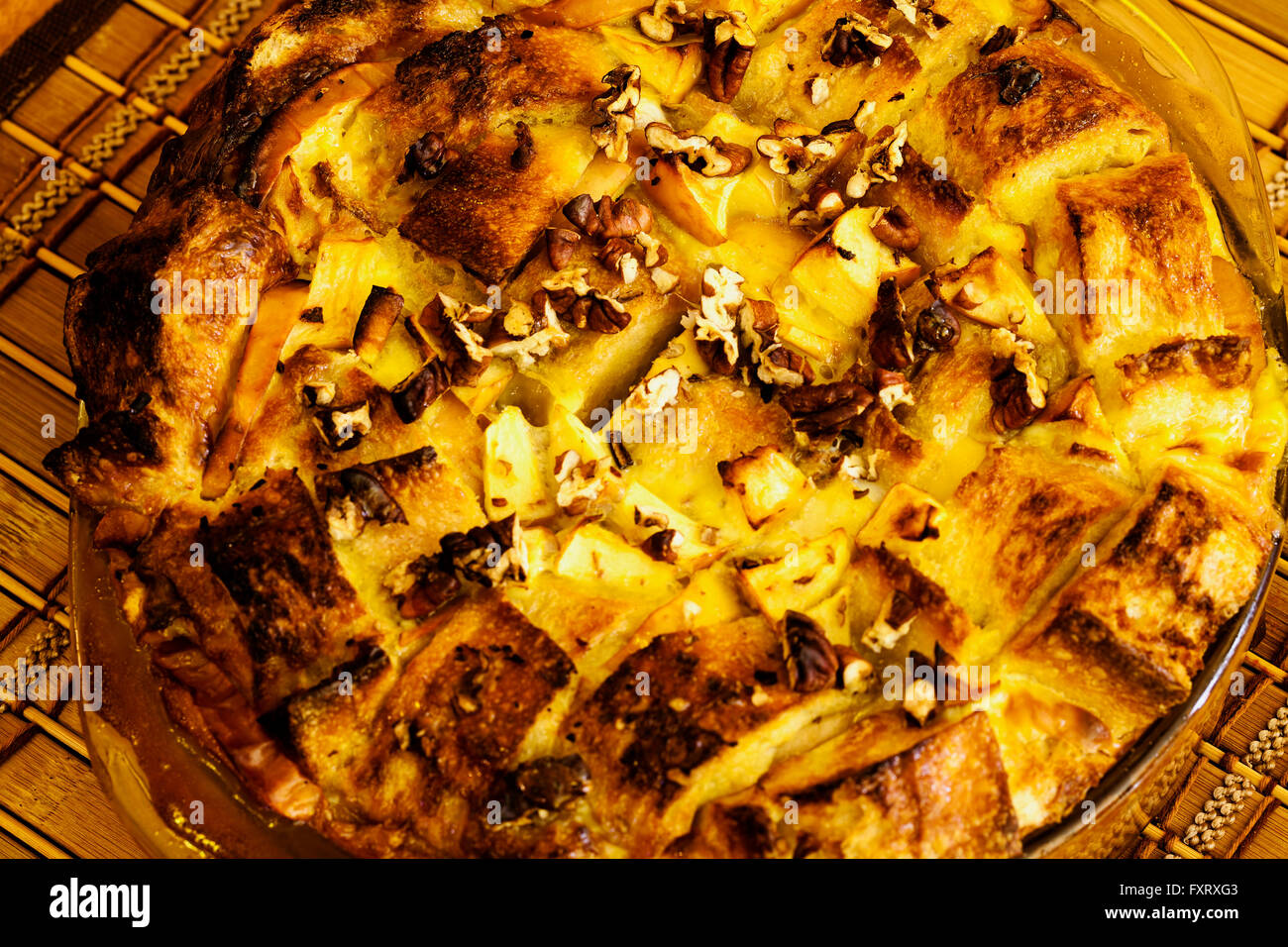 Tight Shot Of French Bread Casserole In Round Dish Stock Photo