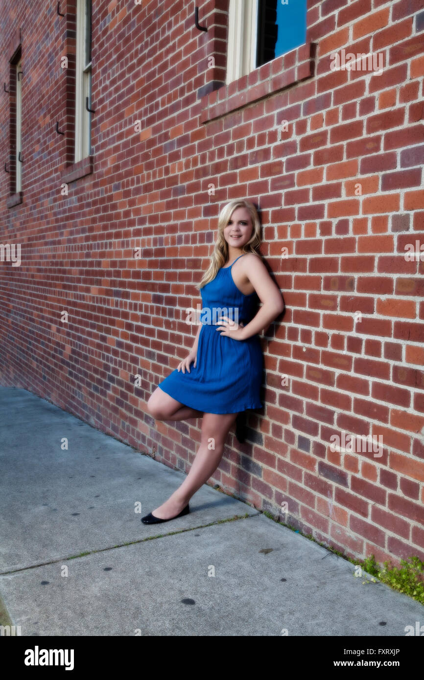 Woman In Blue Dress Leaning On Red Brick Wall Stock Photo
