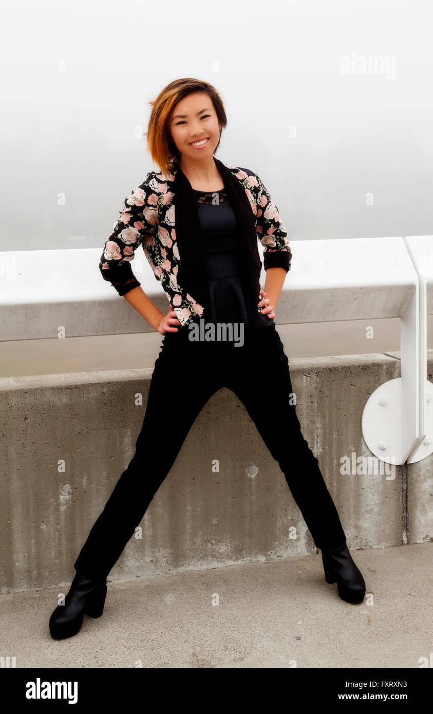 Charming Girl Underwear Boots Jacket Standing Stock Photo