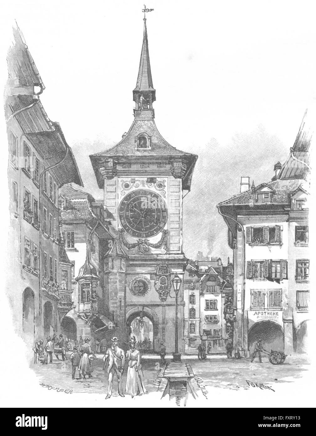 SWITZERLAND: Clock Tower, Berne, antique print 1891 Stock Photo