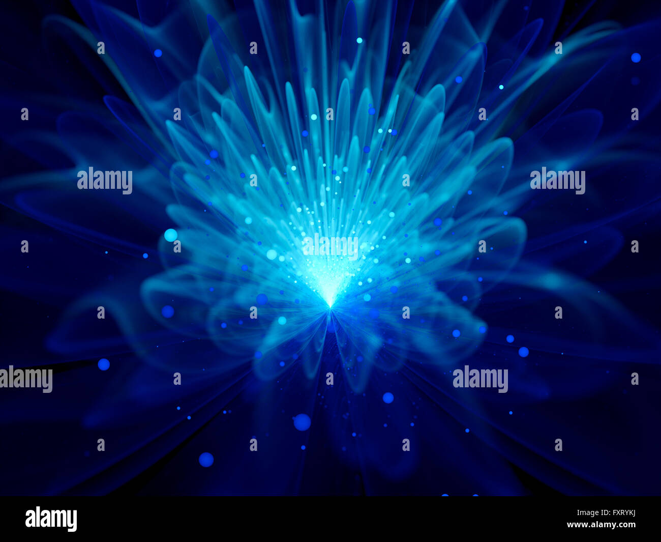 Blue glowing flower fractal with particles, depth of field, computer generated abstract background Stock Photo