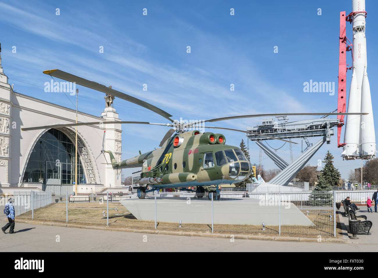 Moscow, Russia - March 29, 2016: Russian military helicopter MI-8 near the pavilion 'Space' at the VDNH Stock Photo