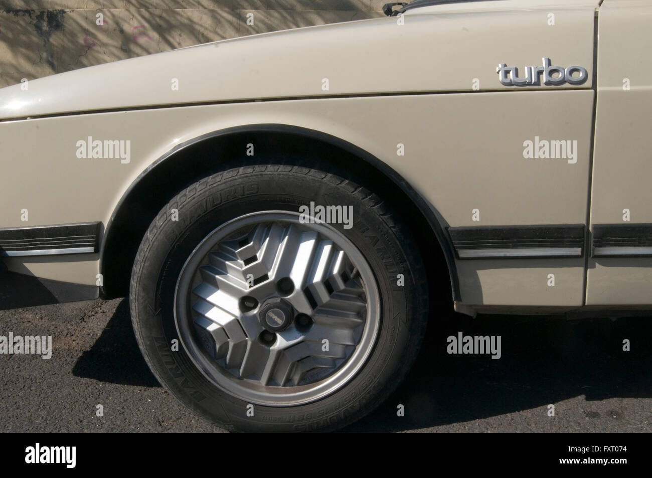 Saab 900 turbo car cars strange unusual wheels wheel deign called Aztec aztecs Stock Photo