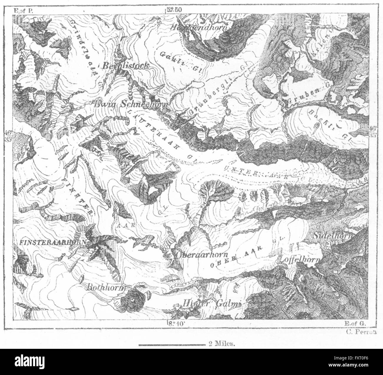 SWITZERLAND: Glaciers Bernese Oberland, sketch map, c1885 Stock Photo