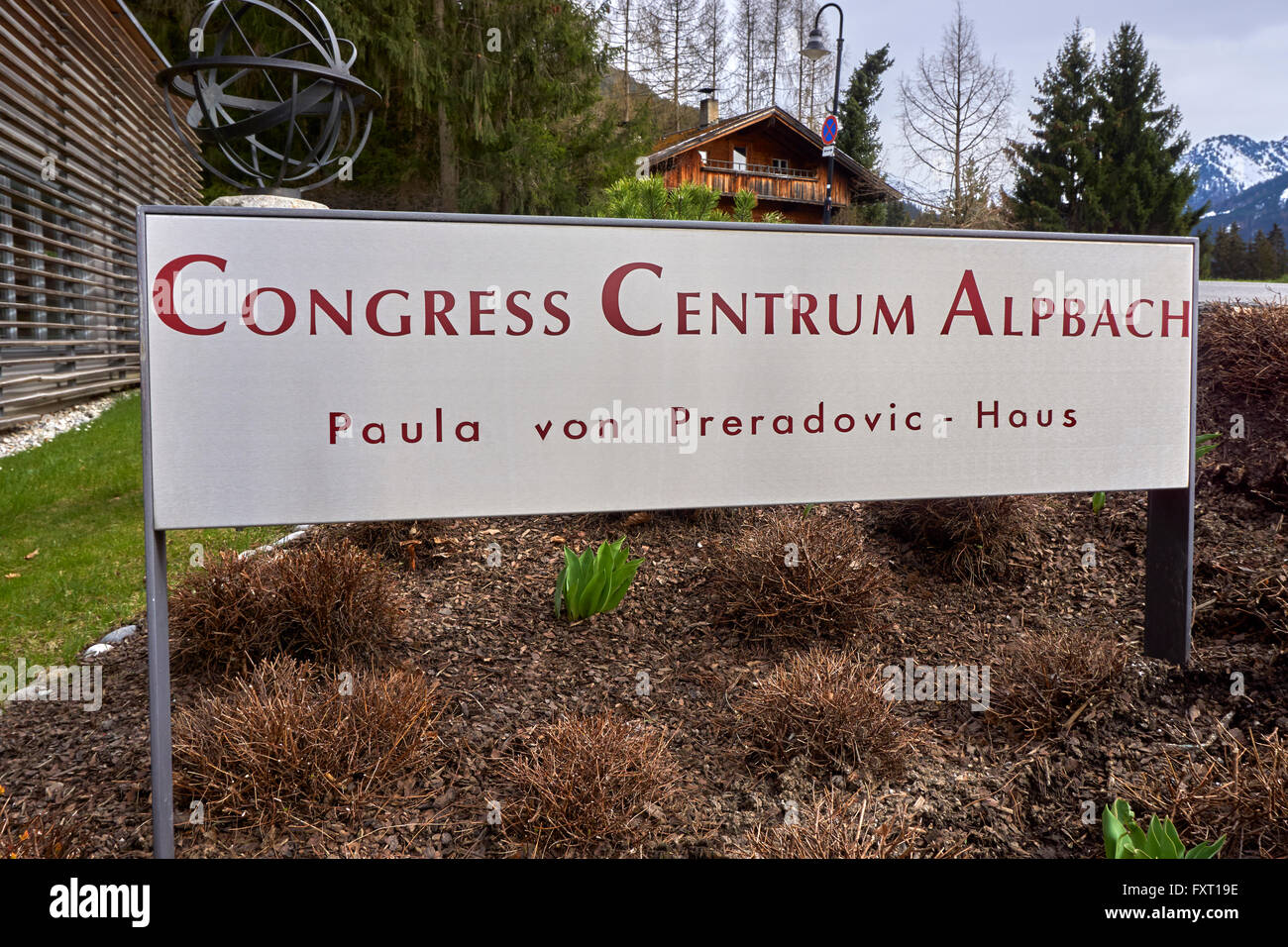 Sign at Alpbach Congress, Convention & Conference Centre in Alpbach, Tyrol, Austria Stock Photo