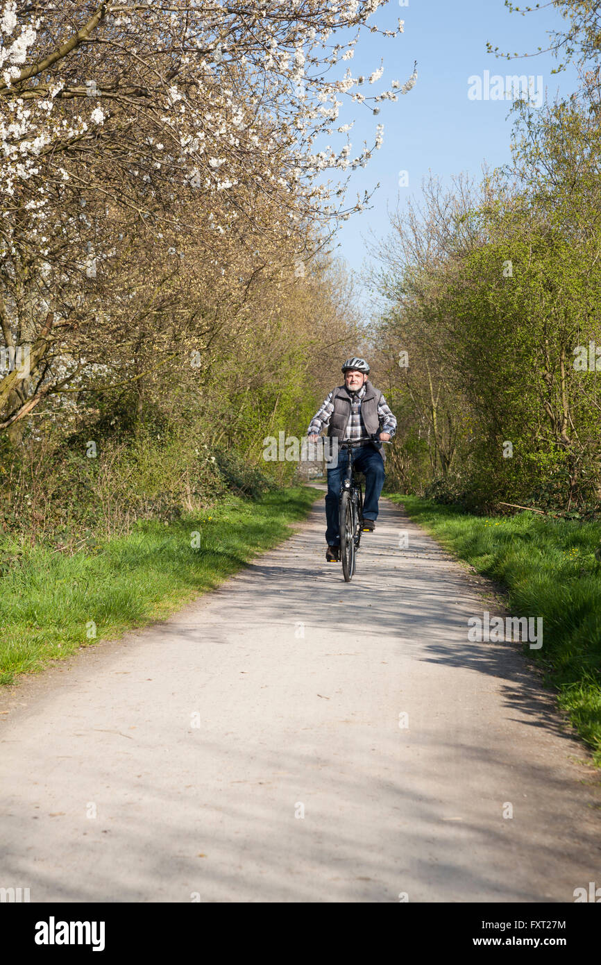 Senior with bicycle helmet riding a bike, North Rhine-Westphalia, Germany Stock Photo