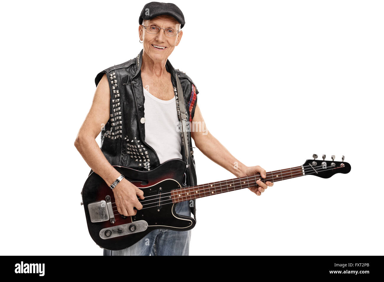 Senior punk holding a bass guitar and looking at the camera isolated on  white background Stock Photo - Alamy