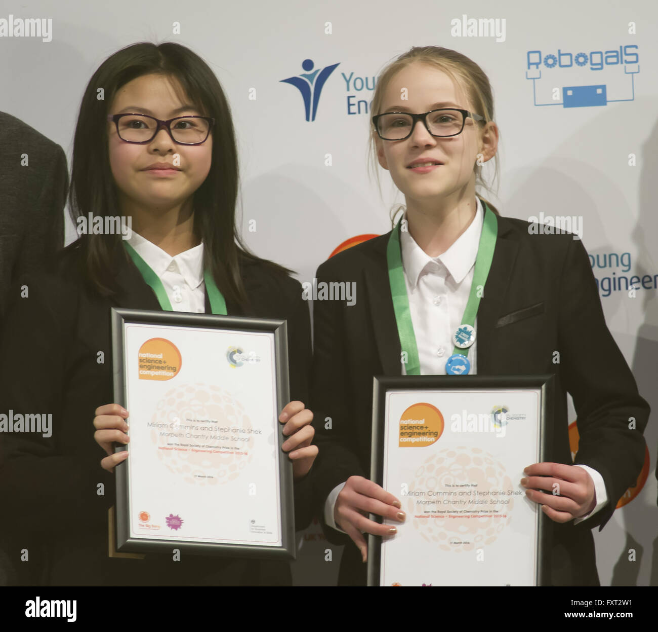 The 2016 Big Bang UK Young Scientists and Engineers Fair - Day 2 - Winners  Featuring: The Royal Society of Chemistry Prize, Miriam Cummins, Stephanie Shek from Morpeth Chantry Middle School Where: Birmingham, United Kingdom When: 17 Mar 2016 Stock Photo