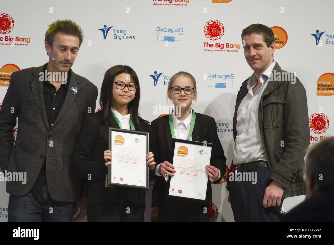 The 2016 Big Bang UK Young Scientists and Engineers Fair - Day 2 - Winners  Featuring: The Royal Society of Chemistry Prize, Miriam Cummins, Stephanie Shek from Morpeth Chantry Middle School Where: Birmingham, United Kingdom When: 17 Mar 2016 Stock Photo