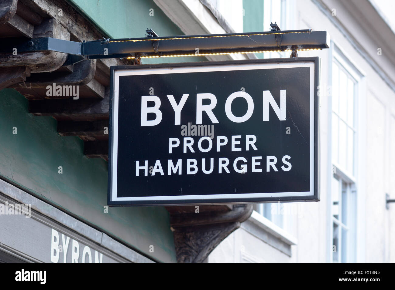 Byron Burger sign outside restaurant in Cambridge Cambridgeshire England Stock Photo