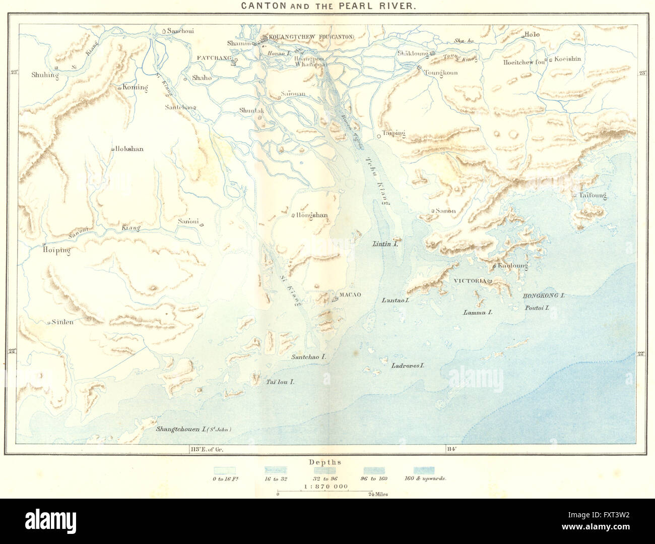 CHINA: Canton & Pearl river Hong Kong Macao, c1885 antique map Stock ...