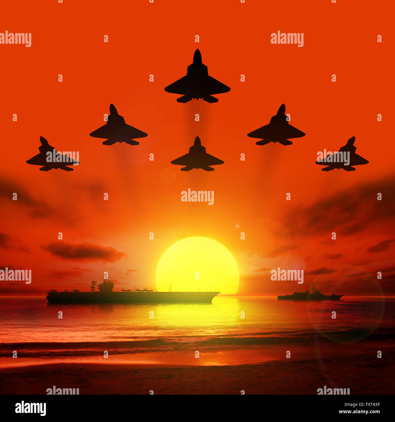 Carrier battle groups at sea against the setting sun. Stock Photo