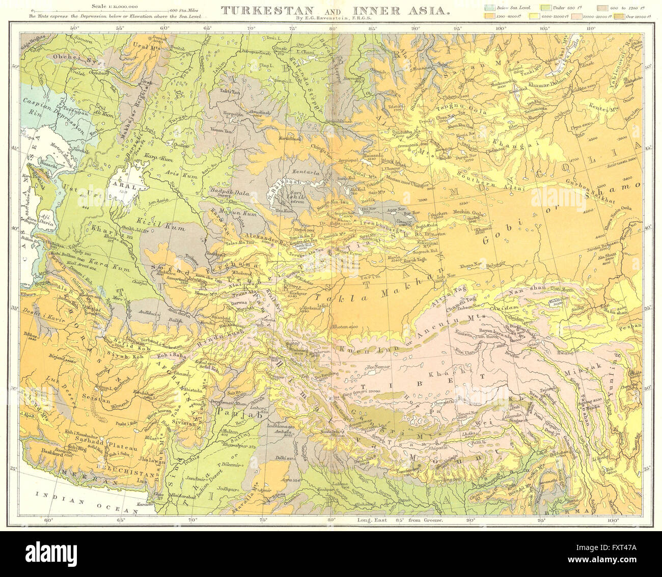CENTRAL ASIA: Turkestan & Inner, c1885 antique map Stock Photo