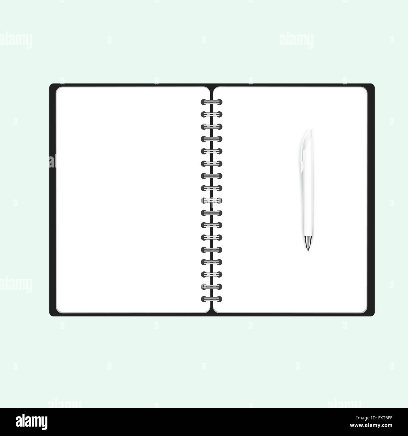Vector Realistic 3D Illustration of White Notepad with Luxury White Pen and place for text. Notepad and White Pen. Stock Vector