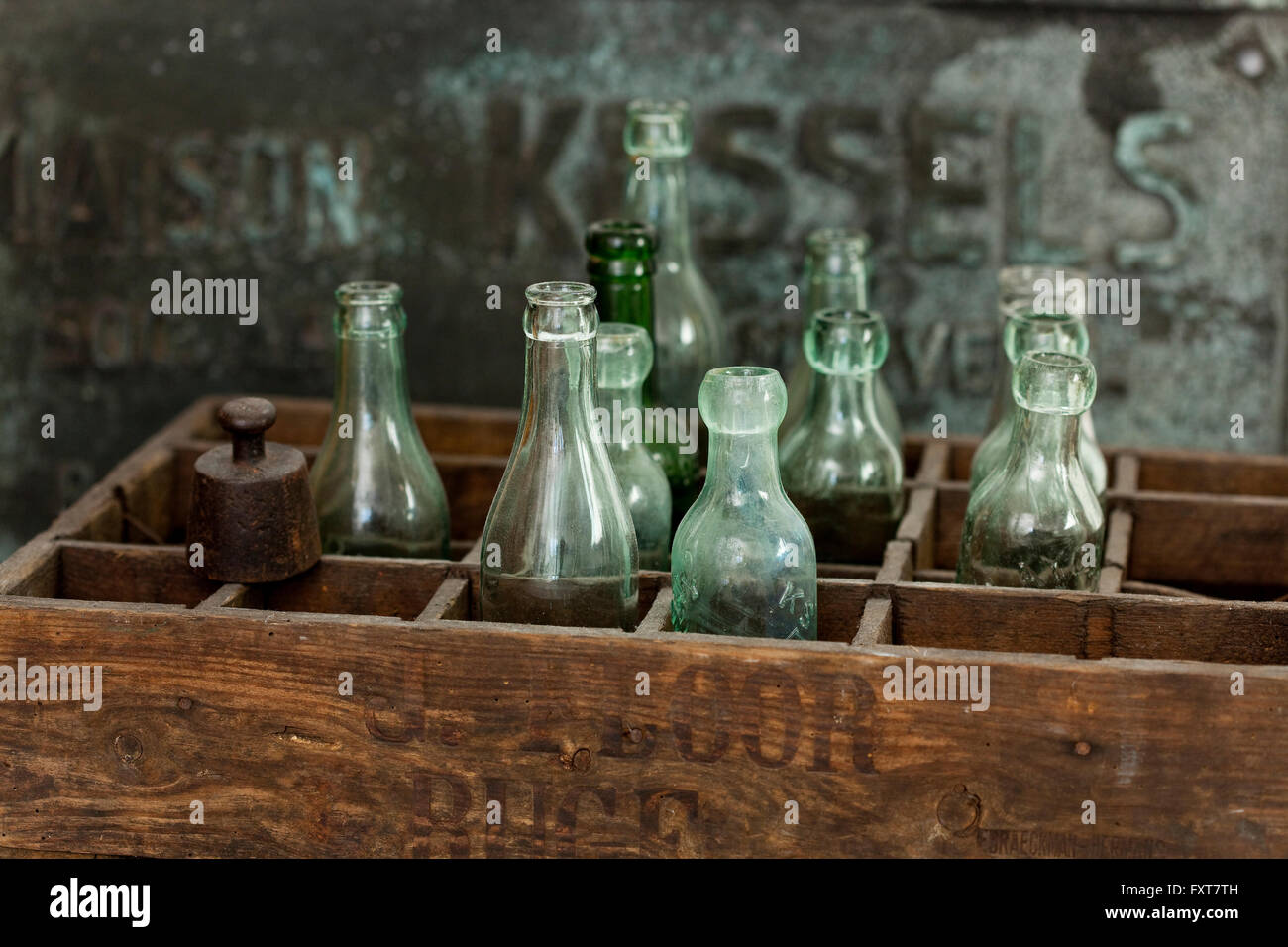 Wooden crate and vintage bottles Stock Photo