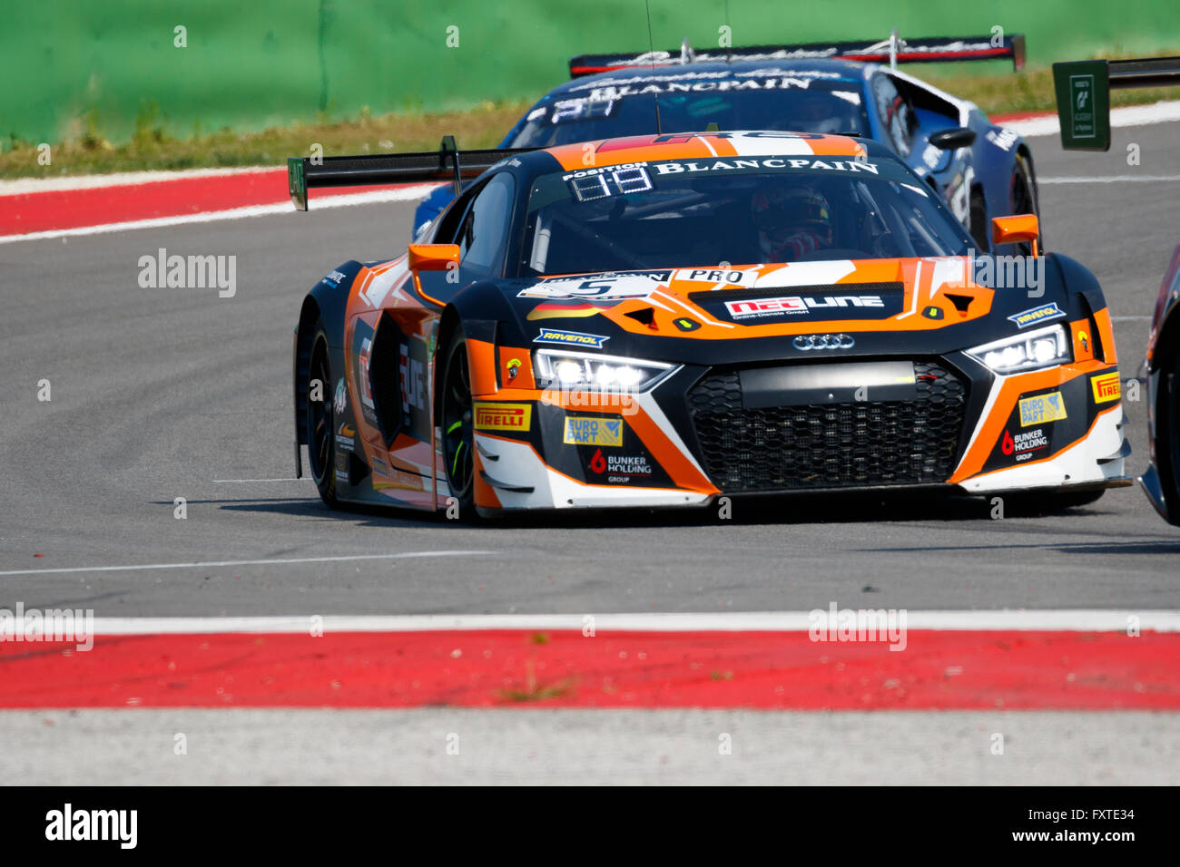 Misano Adriatico, Italy - April 10, 2016: Audi R8 LMS of Phoenix Racing Team, driven by Nicolaj Møller Madsen and Markus Pommer, the Blancpain GT Series Sprint Cup in Misano World Circuit. Stock Photo
