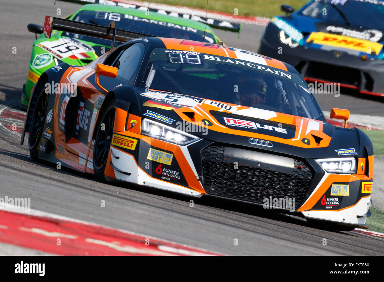 Misano Adriatico, Italy - April 10, 2016: Audi R8 LMS of Phoenix Racing Team, driven by Nicolaj Møller Madsen and Markus Pommer, the Blancpain GT Series Sprint Cup in Misano World Circuit. Stock Photo