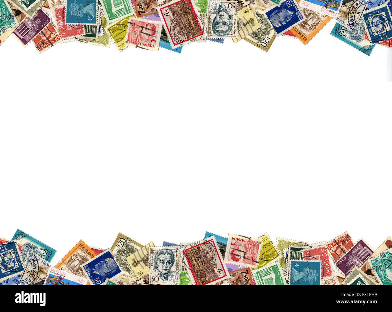 Postage stamps border from many different countries isolated on white Stock Photo