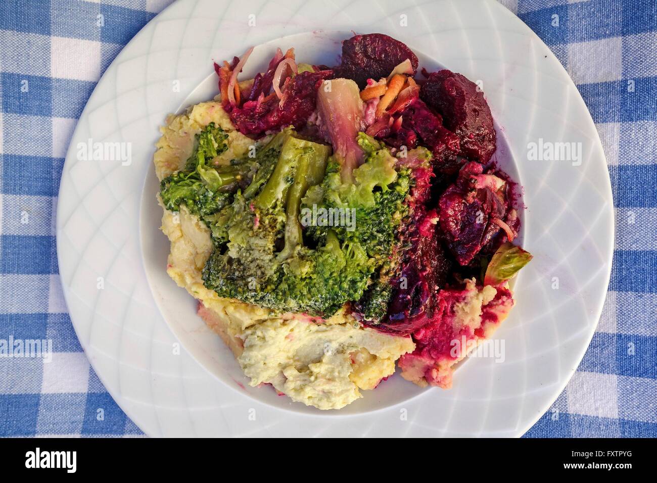 Greek Cuisine. Cooked Broccoli and Beetroot with Fava Stock Photo