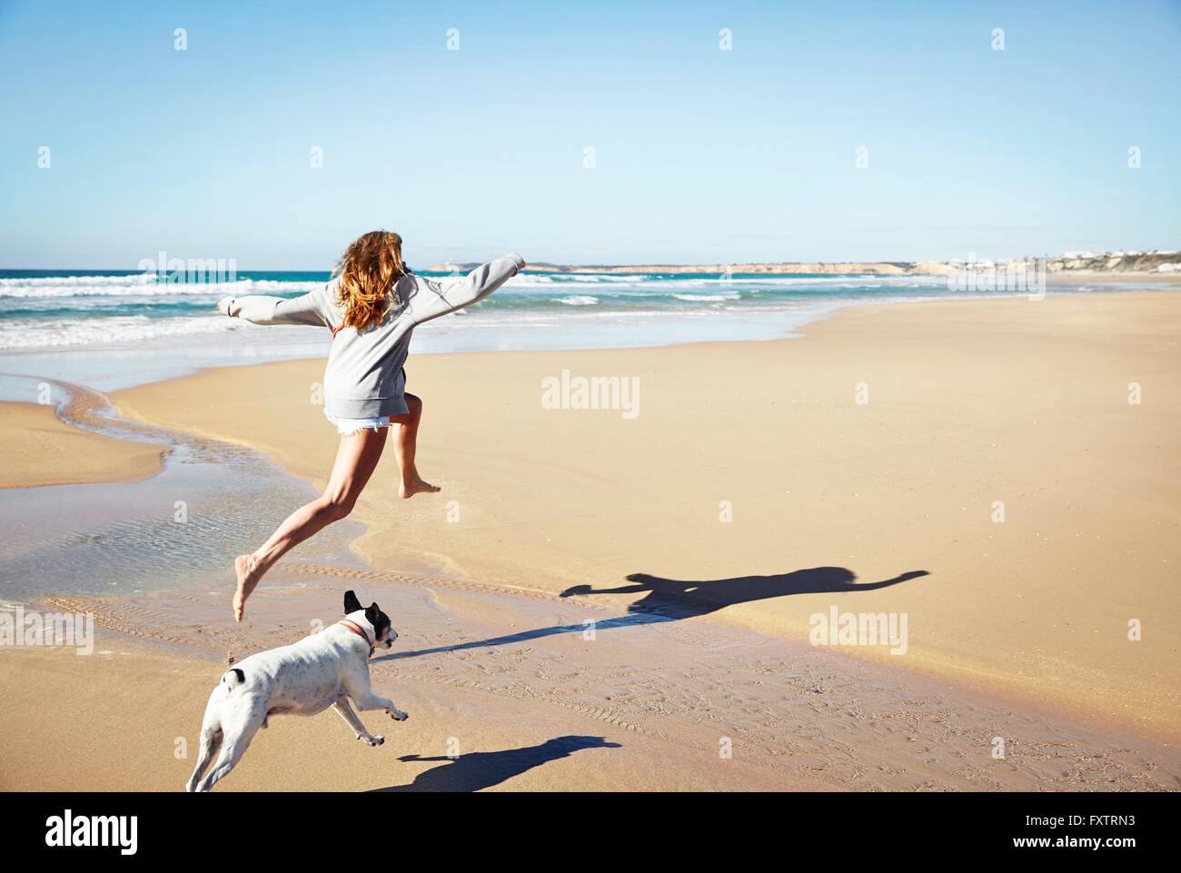 Mature woman and dog leaping over water on beach, Conil de la Frontera, Spain Stock Photo