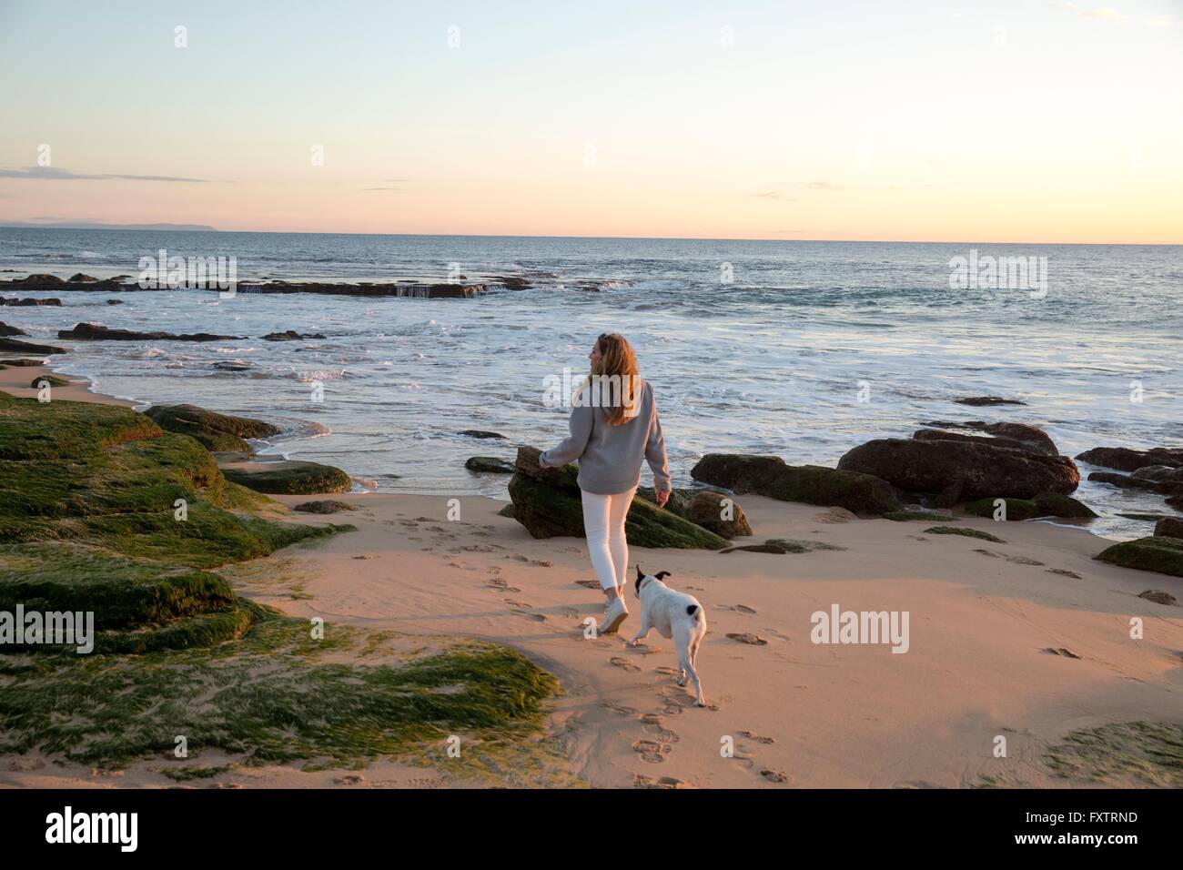 Rear view of woman walking dog along rocky beach, Cape of Trafalgar, Spain Stock Photo