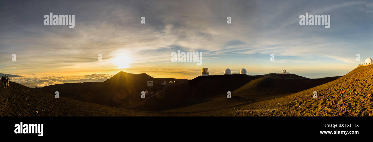Panorama of Telescopes on top of Mauna Kea Mountain, Big Island, Hawaii 2016 Stock Photo
